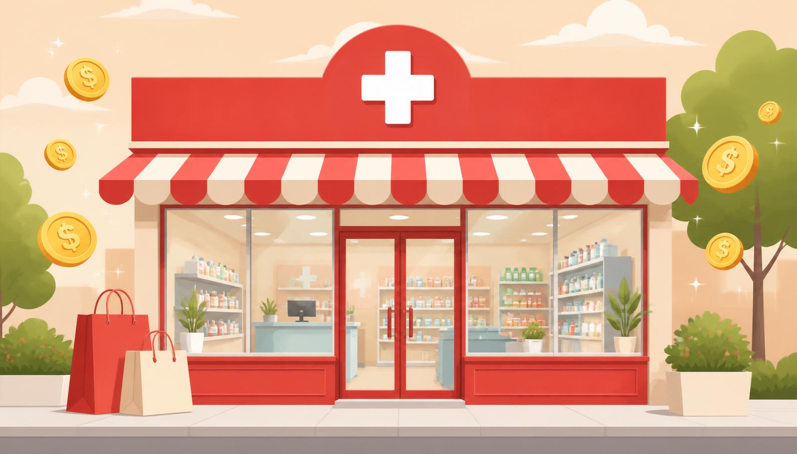 Pharmacy storefront with cashback coins